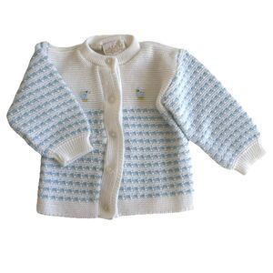 Vtg Atkins Baby Boy Sweater Cardigan Italy Made Blue Ducks Appliqué 3-6M? *READ*